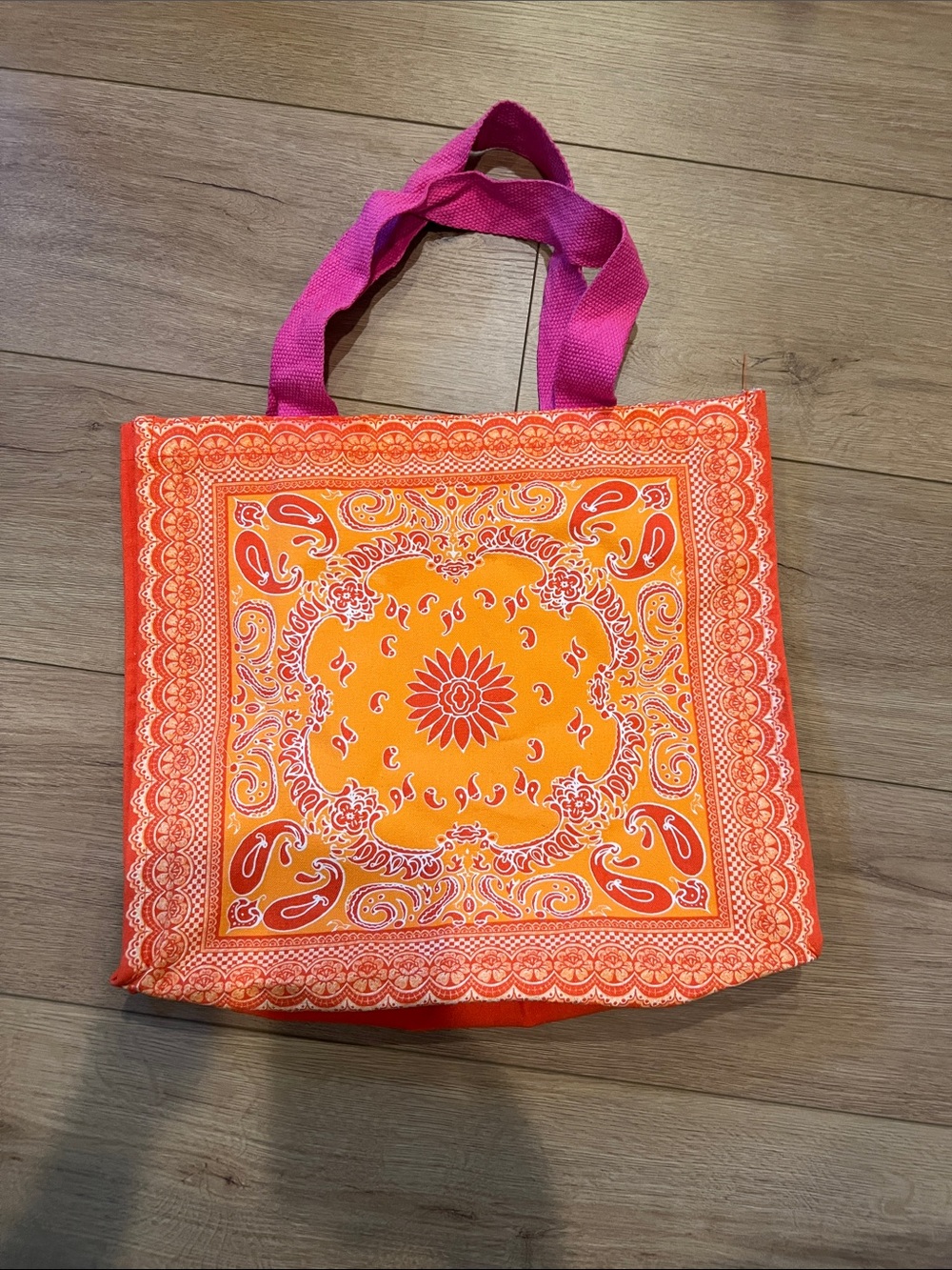 Bright Orange Paisley Tote with Pink Handles